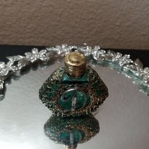 EXQUISITE 1920 Signed Czech glass perfume bottle w/ Gilted Brass Filigree